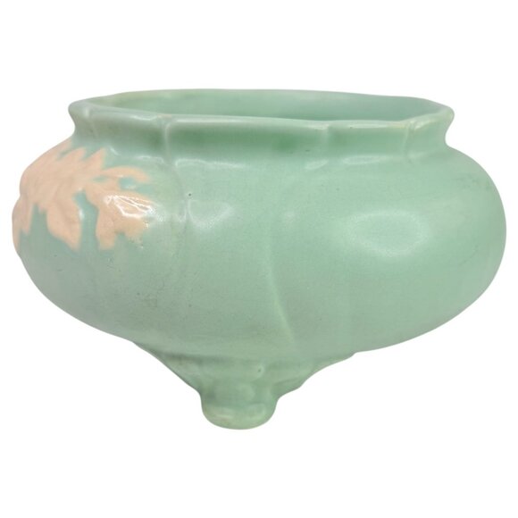 Vintage Weller Pottery Cameo Rose Green Bowl Planter Ceramic Footed White Floral - Picture 6 of 10